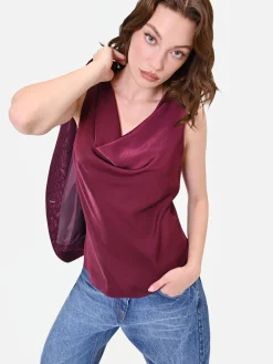 TOP IN RASO BORDEAUX CON SCOLLO A CAPPUCCIO