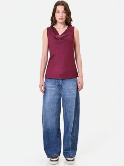 TOP IN RASO BORDEAUX CON SCOLLO A CAPPUCCIO