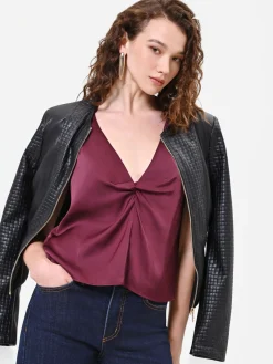 TOP IN RASO BORDEAUX ROSSO CON NODO