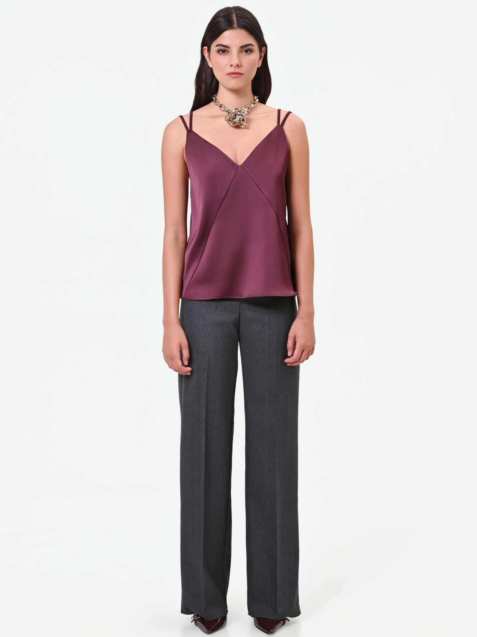 TOP IN RASO BORDEAUX ROSSO CON DOPPIE SPALLINE
