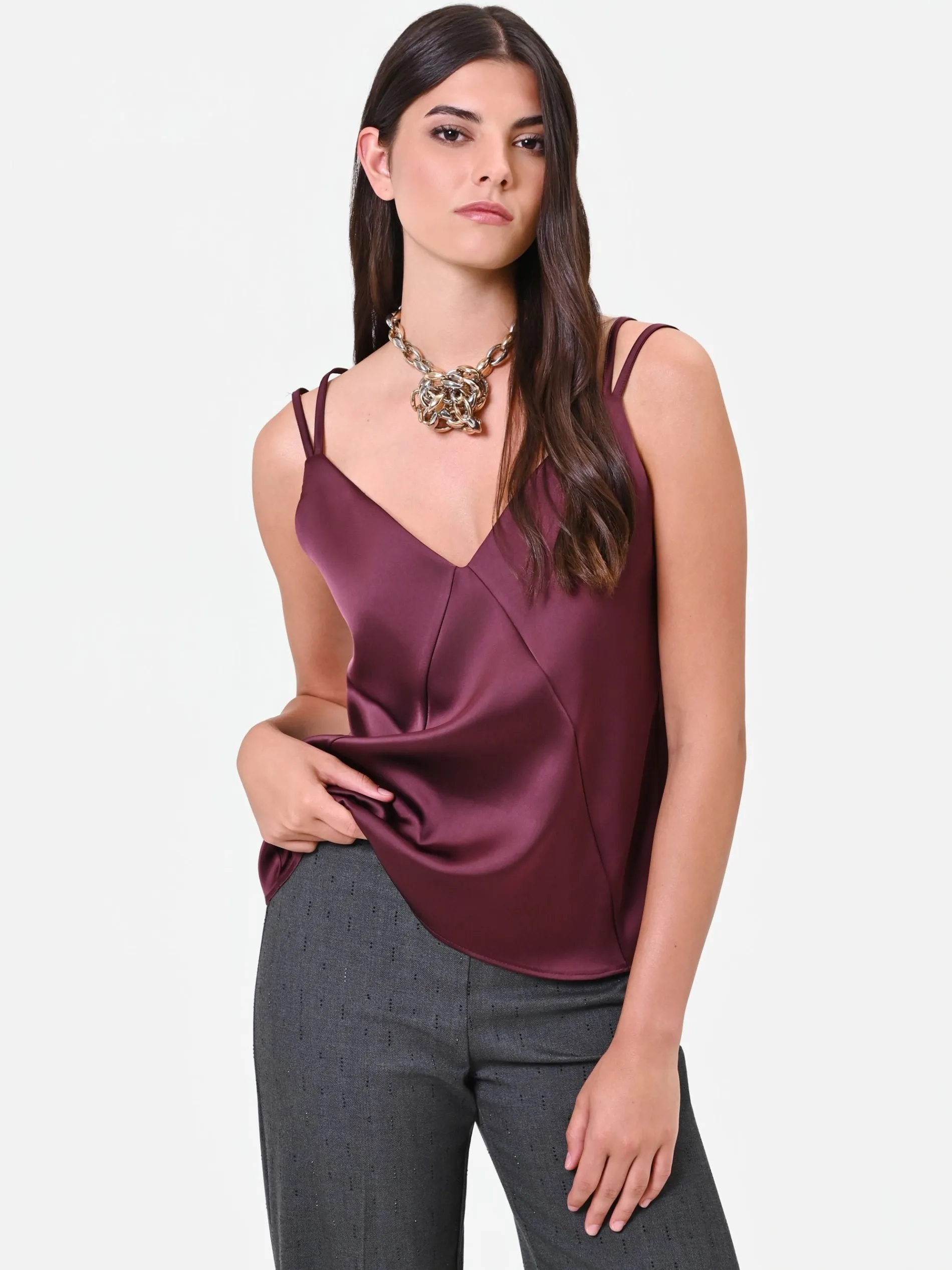 TOP IN RASO BORDEAUX ROSSO CON DOPPIE SPALLINE