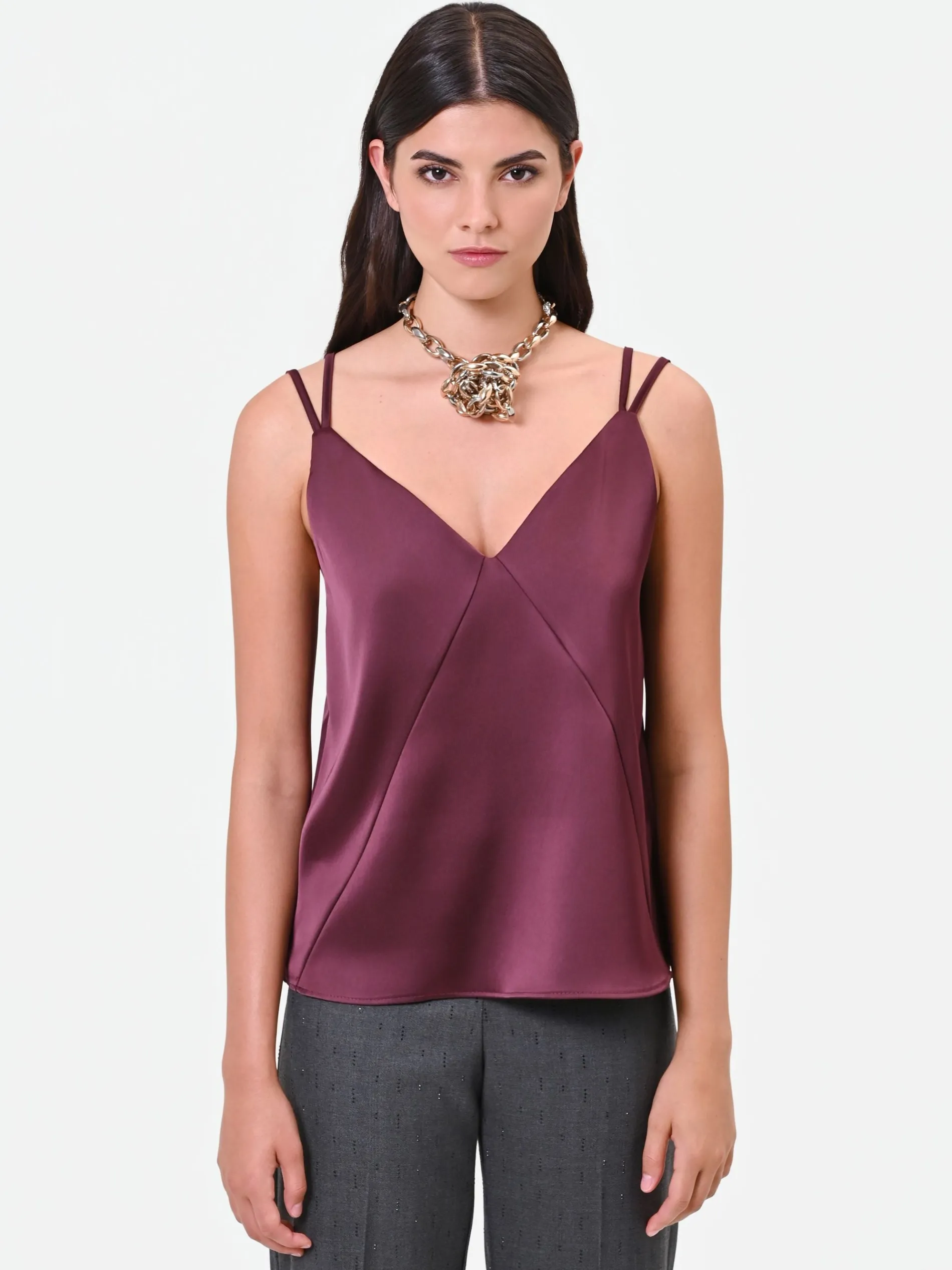 TOP IN RASO BORDEAUX ROSSO CON DOPPIE SPALLINE