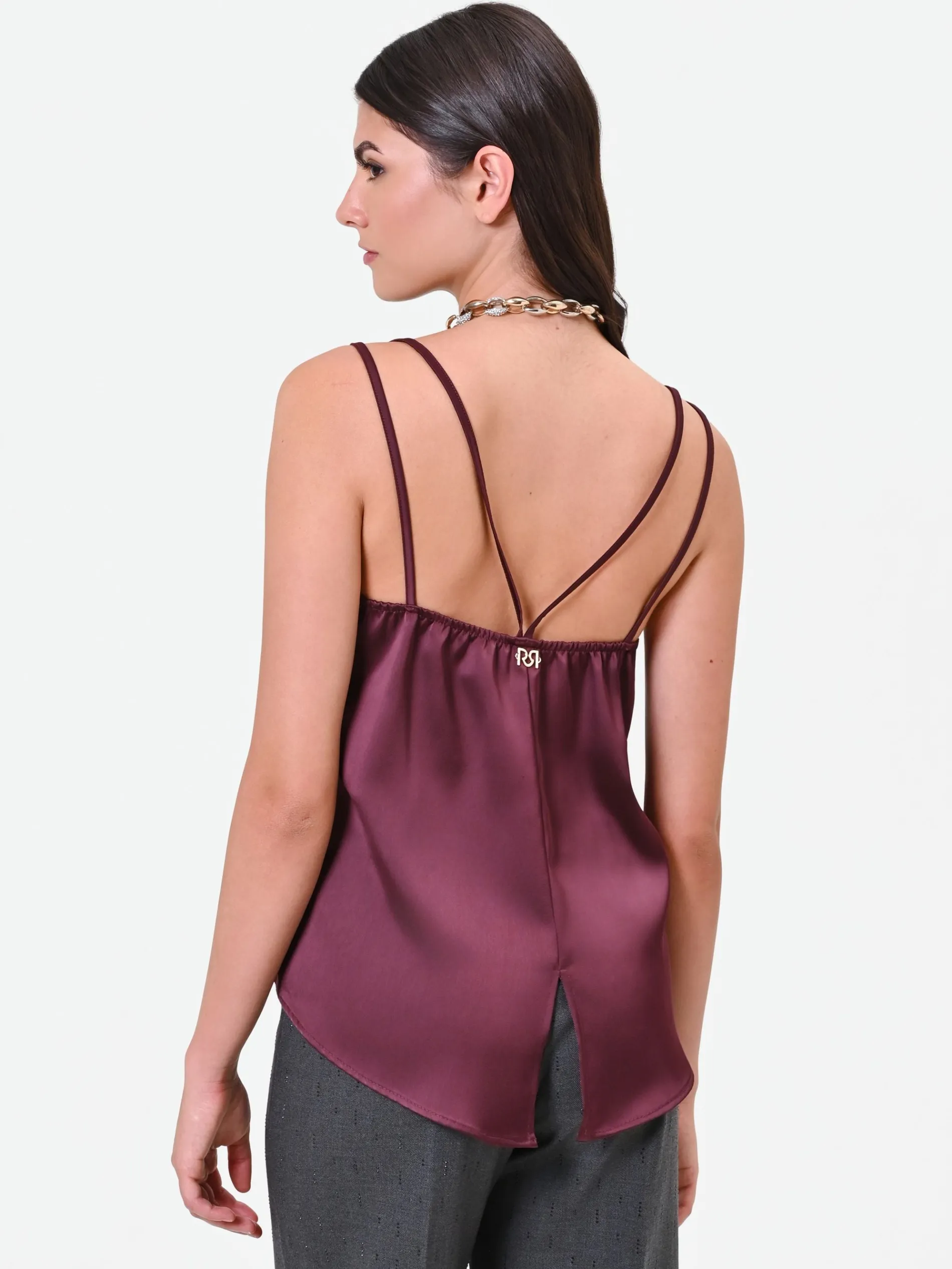TOP IN RASO BORDEAUX ROSSO CON DOPPIE SPALLINE
