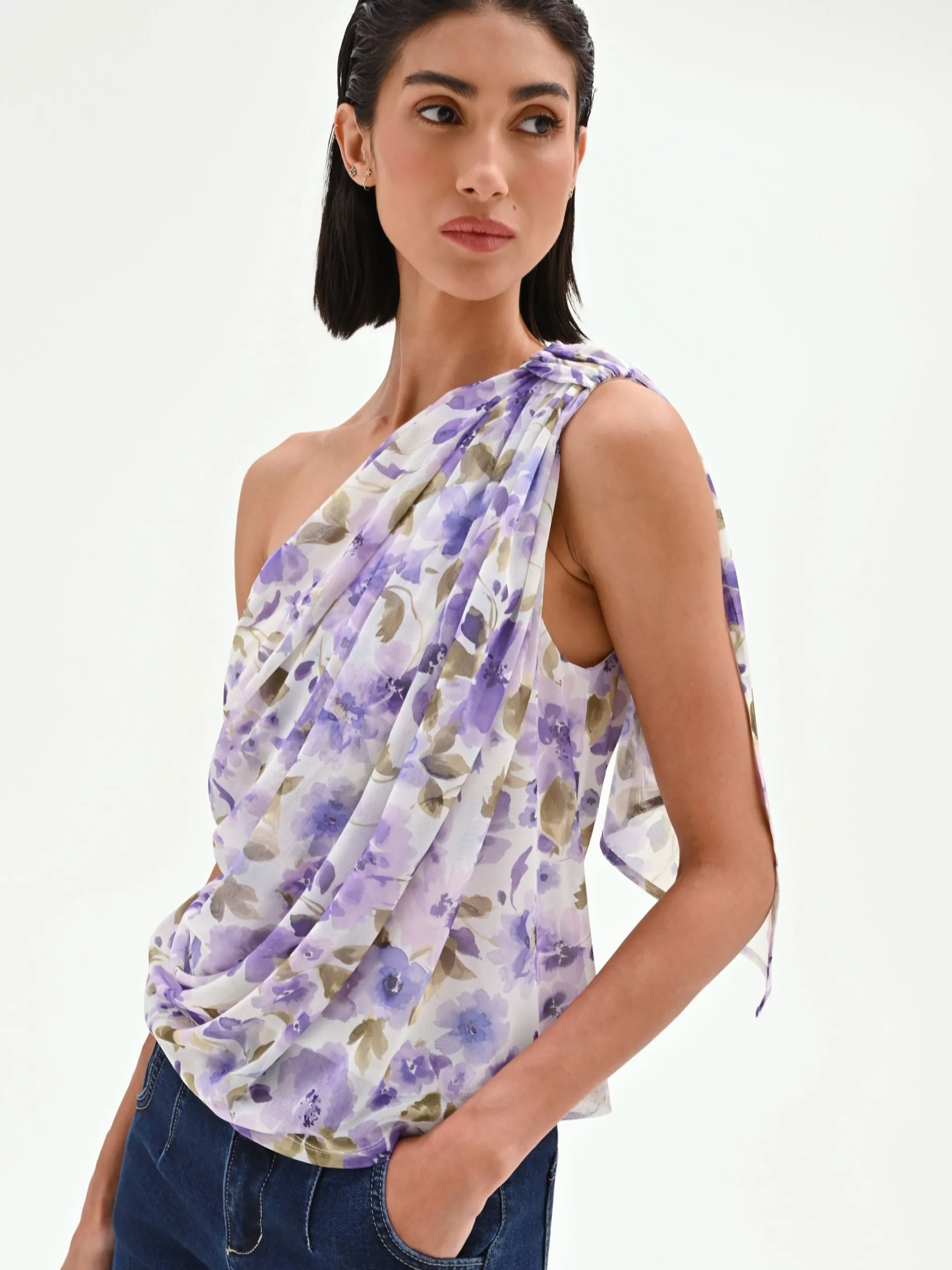 TOP MONOSPALLA VIOLA LILLA CON STAMPA FLOREALE