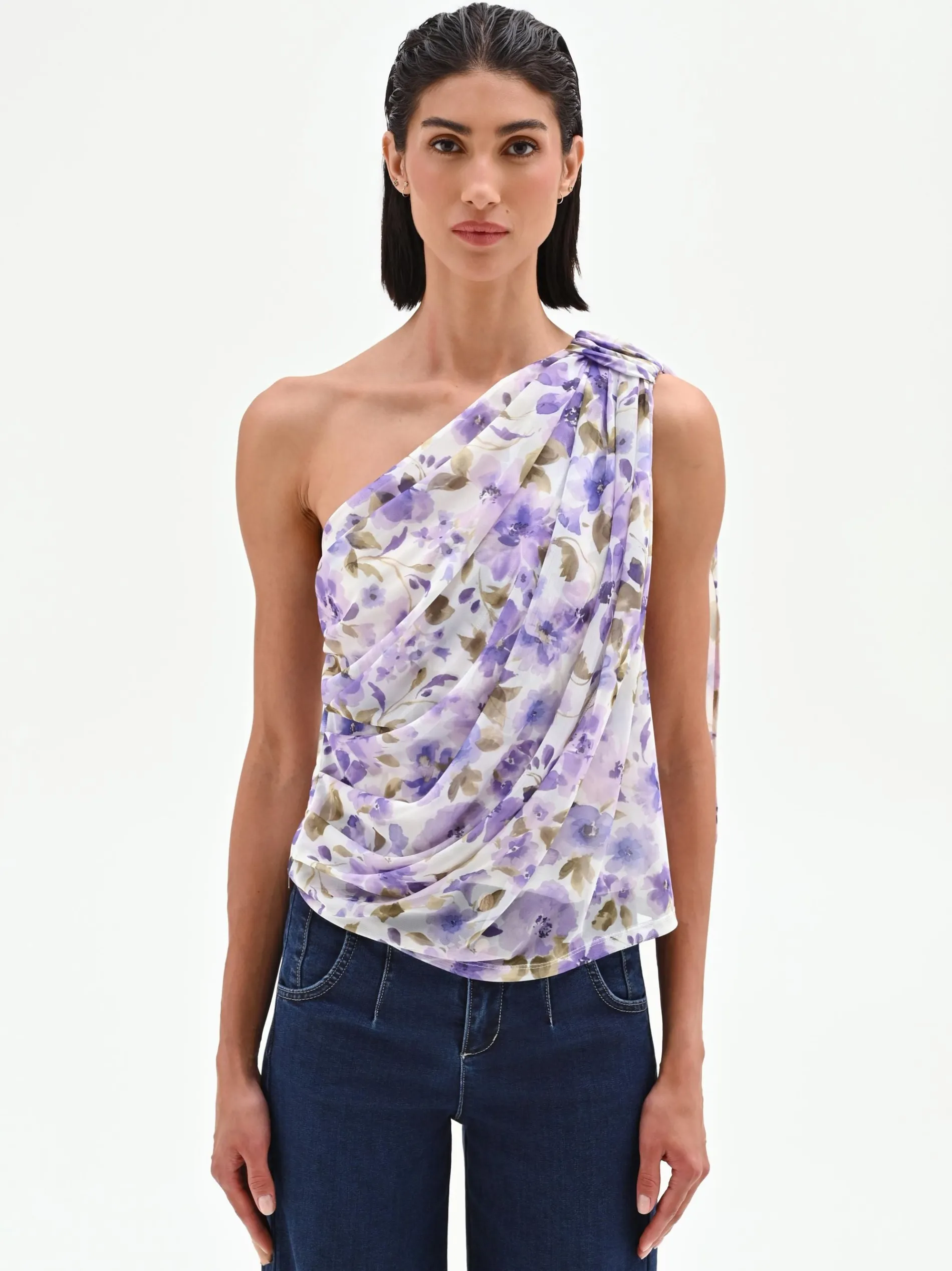 TOP MONOSPALLA VIOLA LILLA CON STAMPA FLOREALE