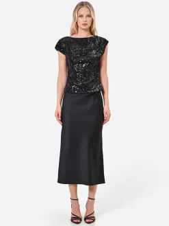 TOP NERO IN PAILLETTES CON FONDO SFALSATO