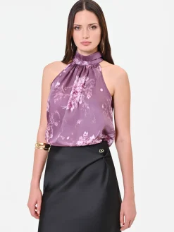 TOP ROSA ANTICO CON COLLO A FASCIA E STAMPA FLOREALE