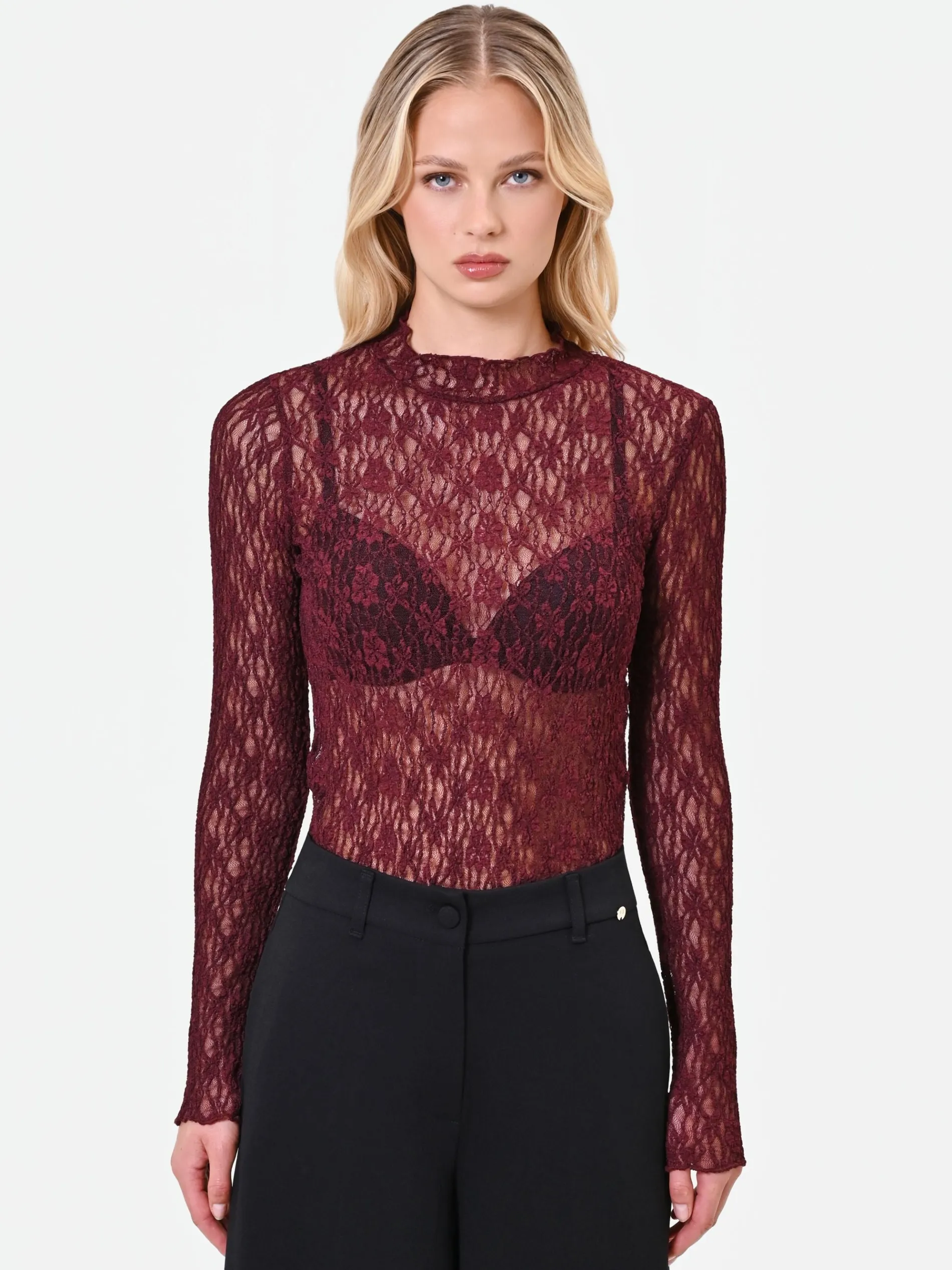 T-SHIRT IN PIZZO BORDEAUX ROSSO