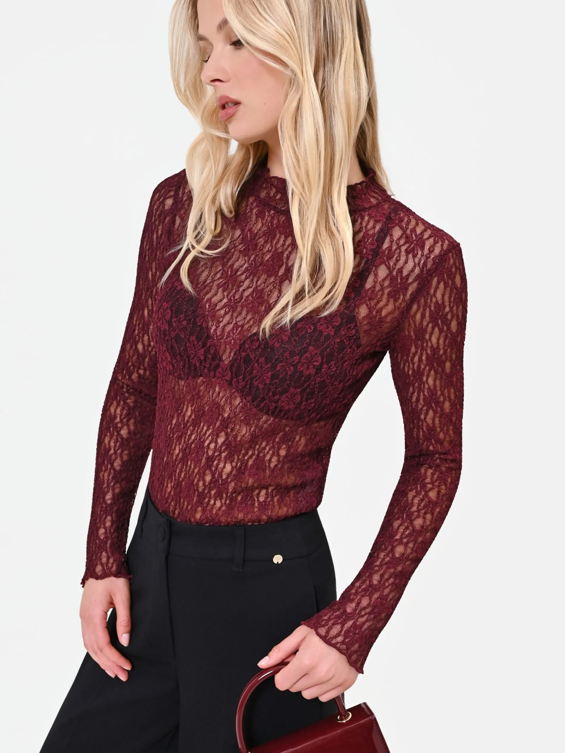 T-SHIRT IN PIZZO BORDEAUX ROSSO